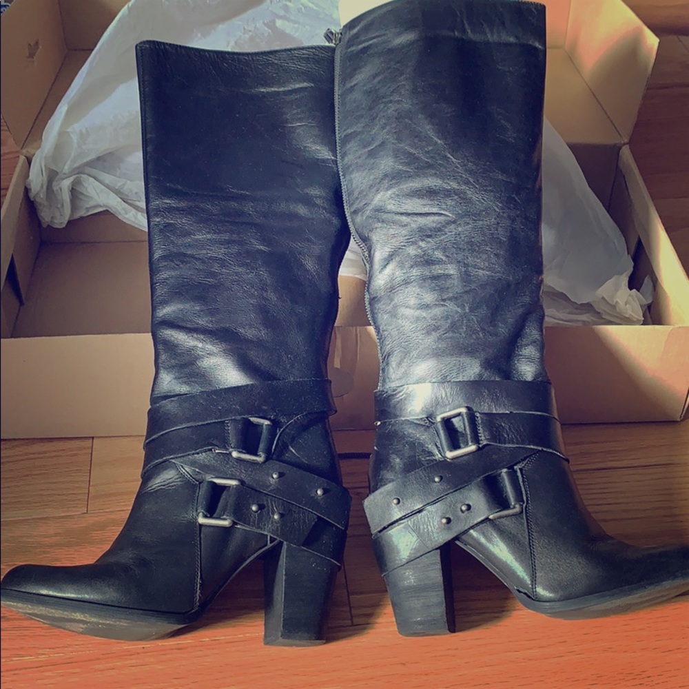 Knee High, Wide Calf Stacked Heel Boots Size 8